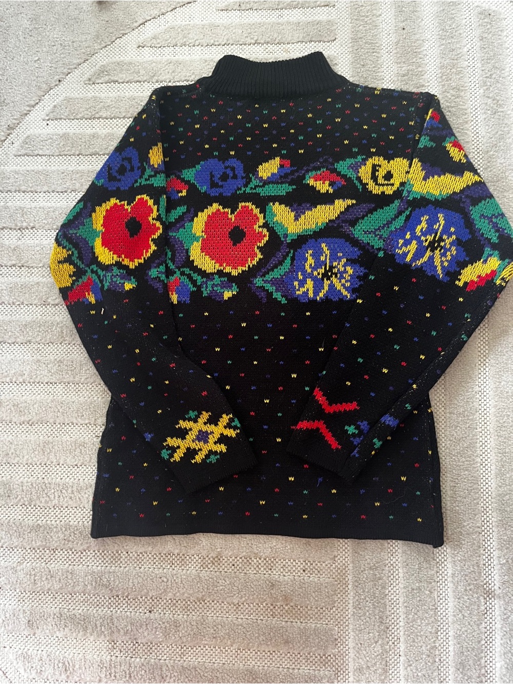 Vintage 80s Colorful Floral Mock Neck Knit Sweater - 100% Acrylic Sz M